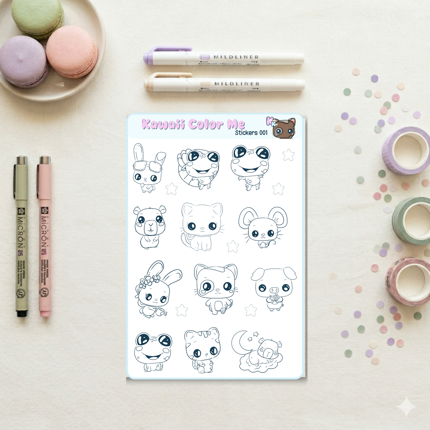 Kawaii Kami Character Color Me Sticker Sheet