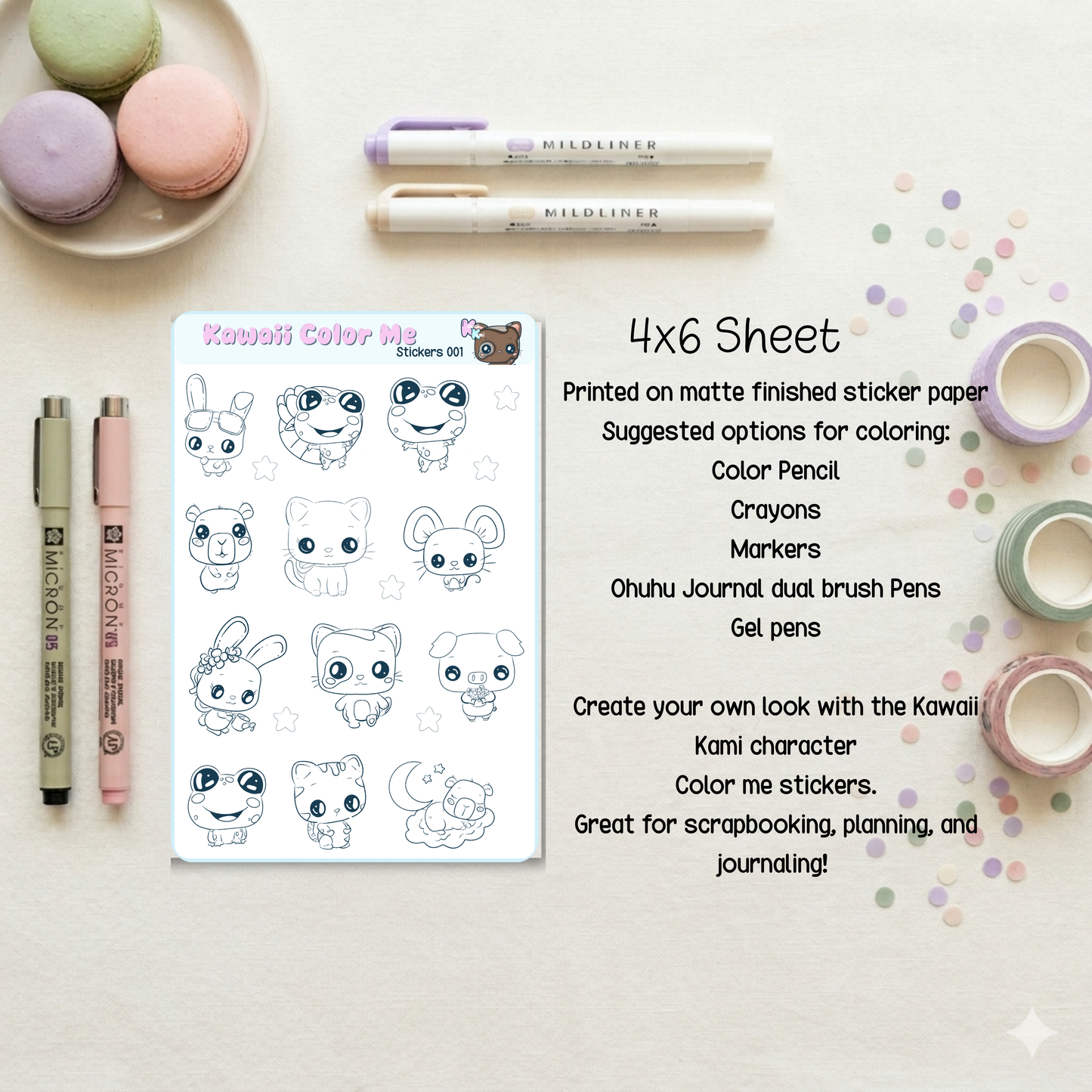 Kawaii Kami Character Color Me Sticker Sheet