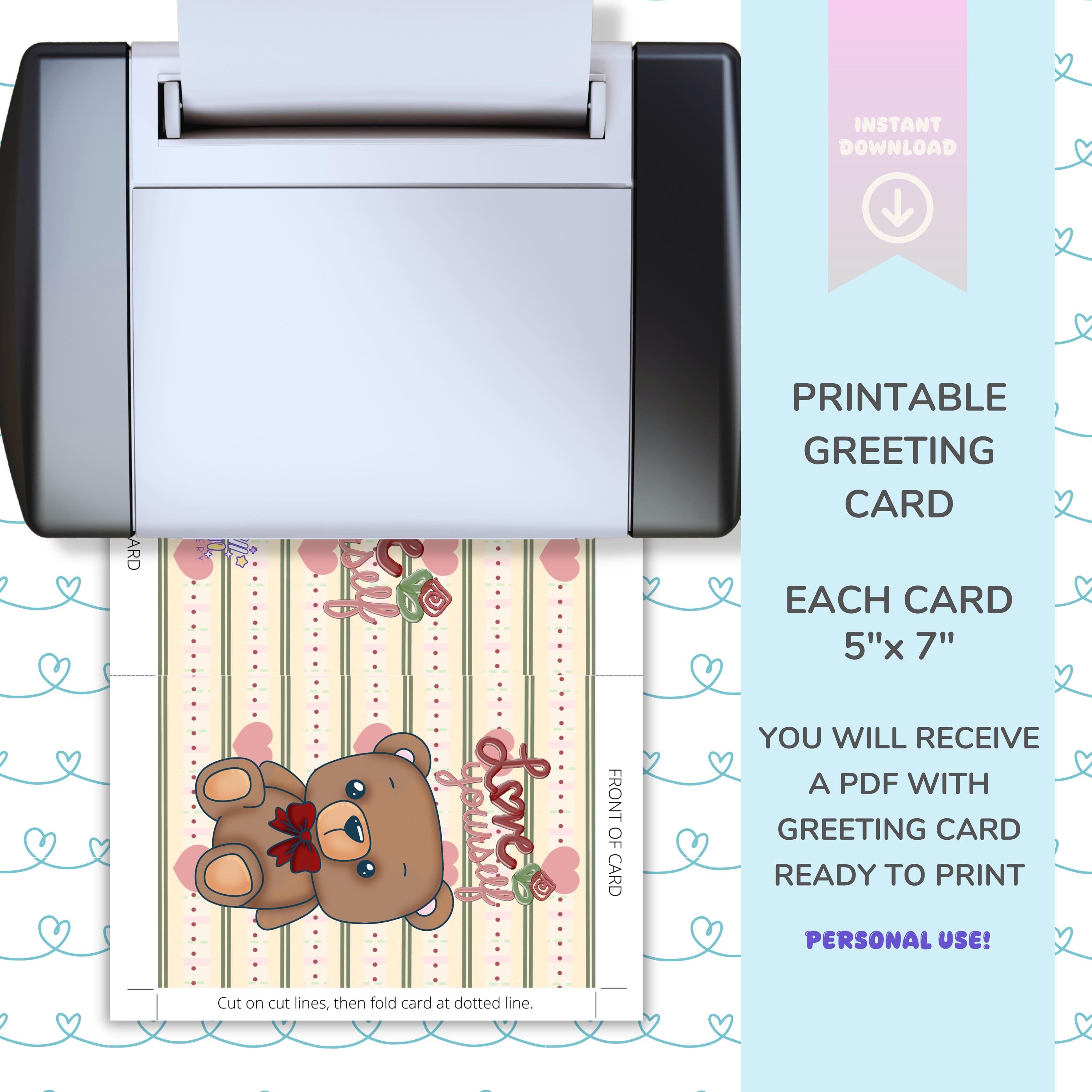 Kawaii Digital Downloadable Greeting Card, Love Yourself Teddy Bear
