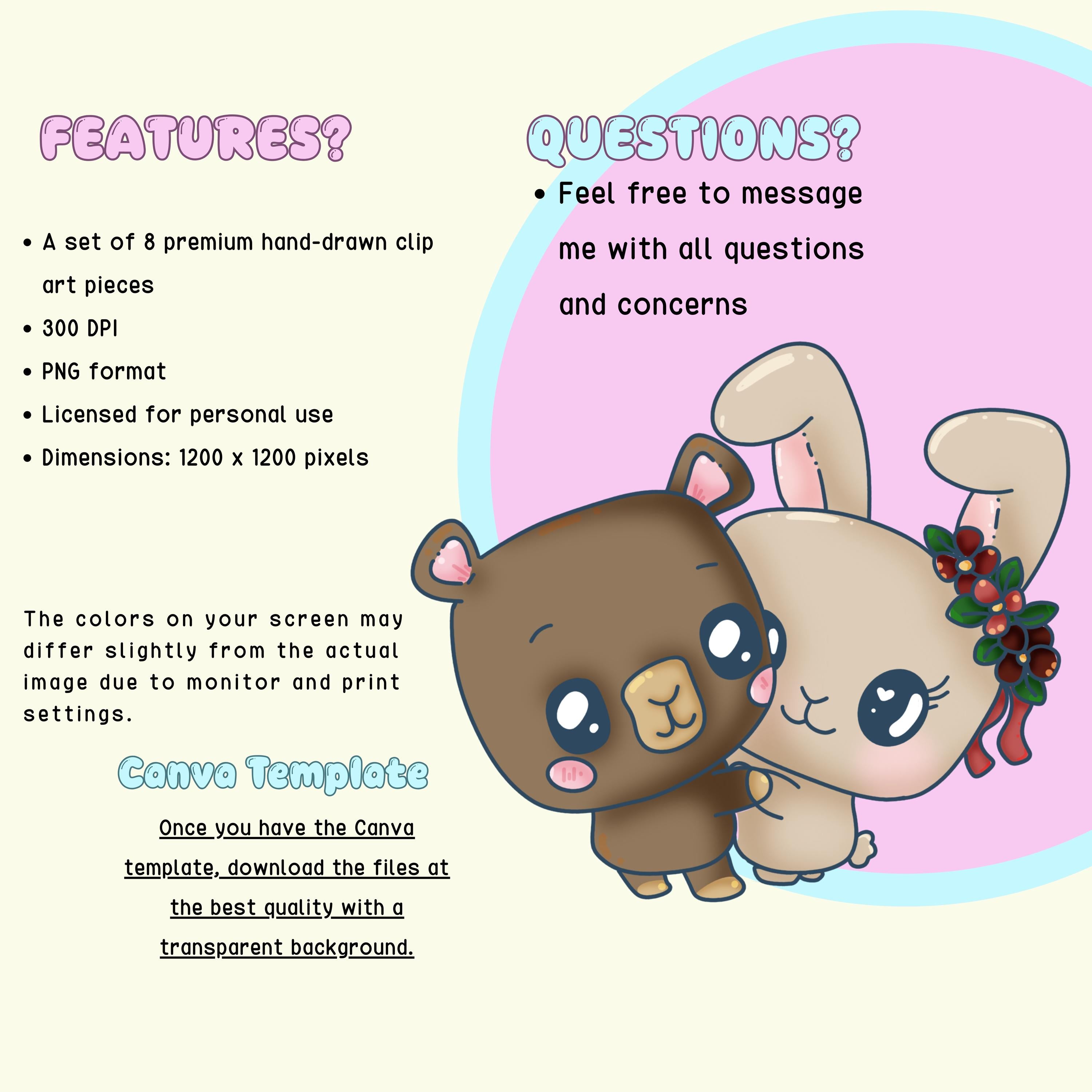 Kawaii Capybara And Bunny Clipart, Canva PNG Template