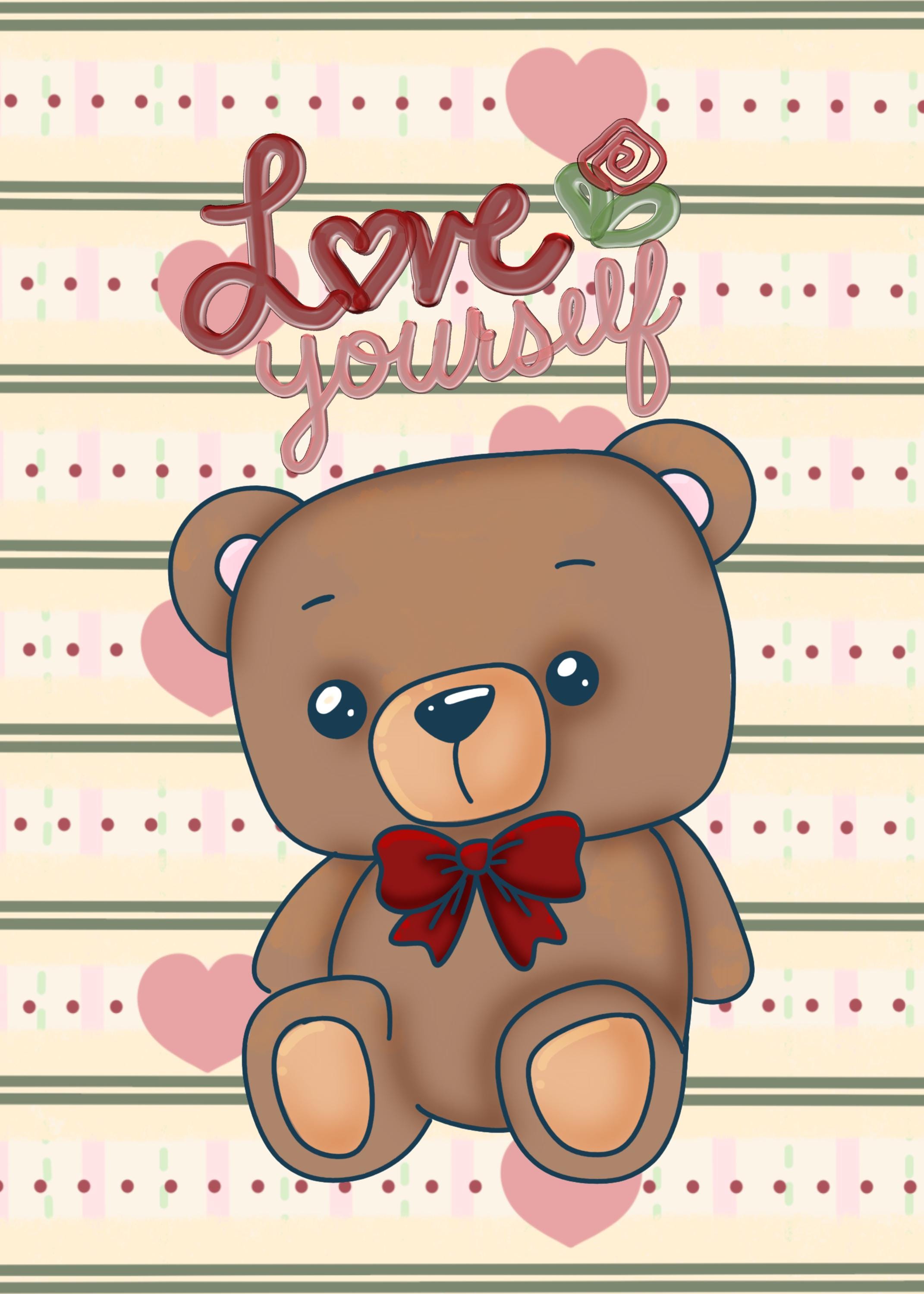 Kawaii Digital Downloadable Greeting Card, Love Yourself Teddy Bear