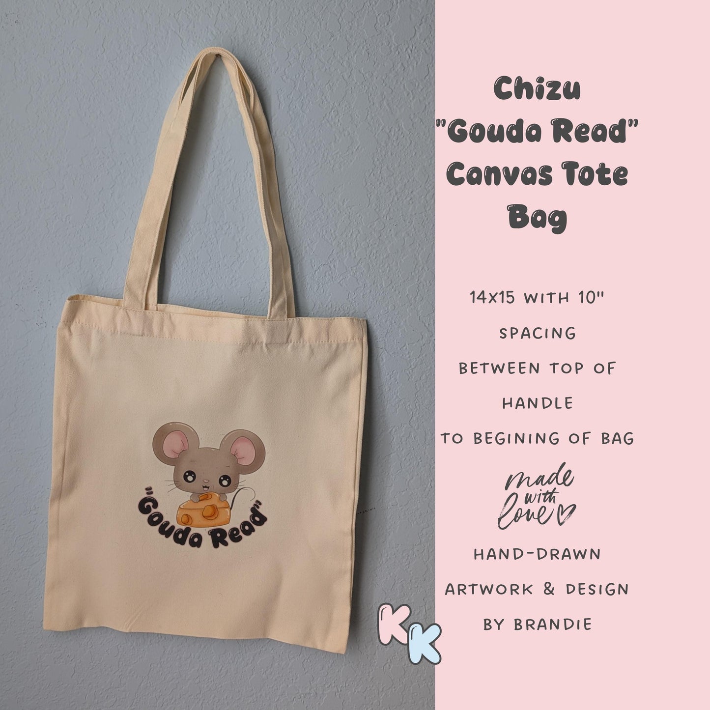 Chizu Gouda Read Canvas Tote Bag, Book Lover Kawaii Mouse Illustration