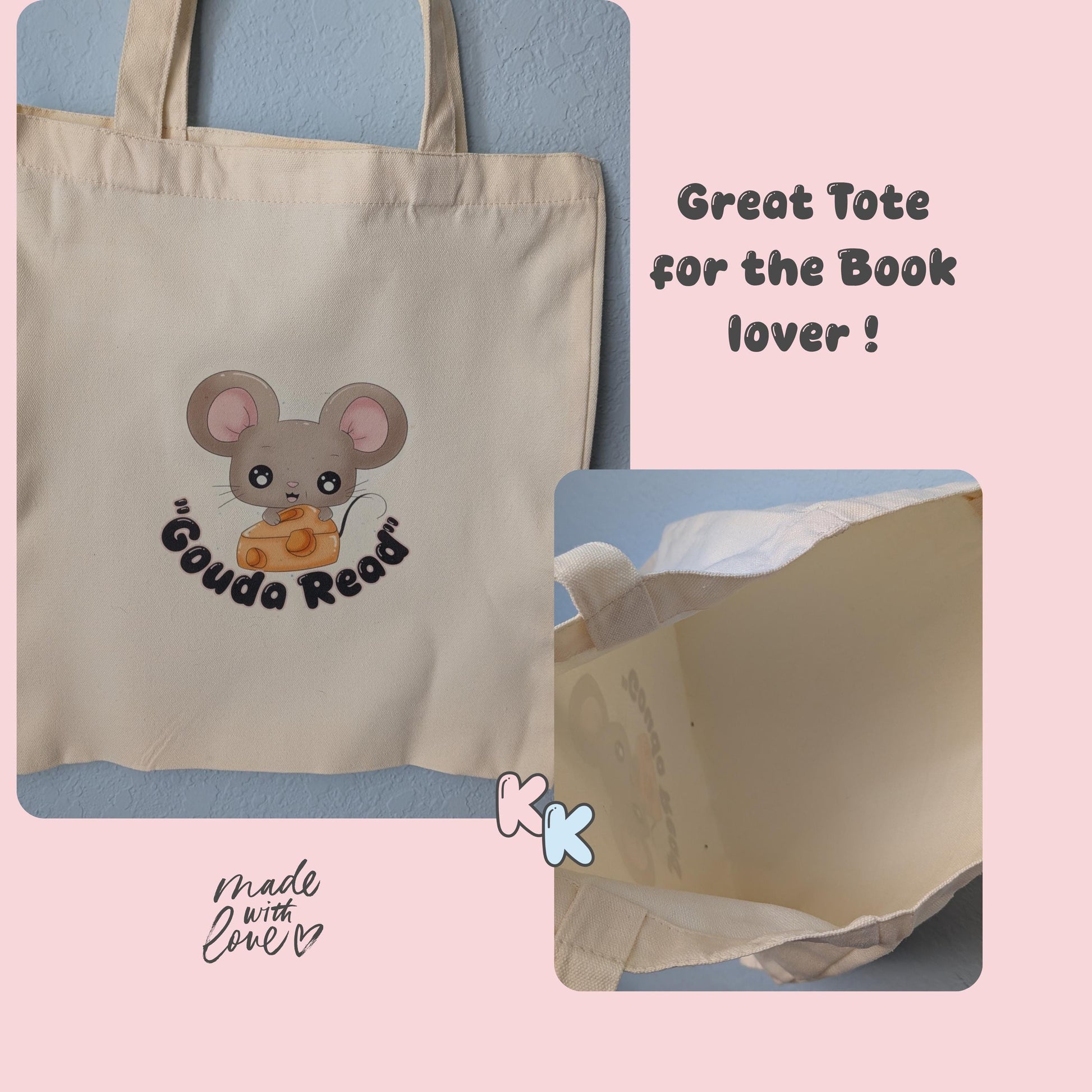 Chizu Gouda Read Canvas Tote Bag, Book Lover Kawaii Mouse Illustration