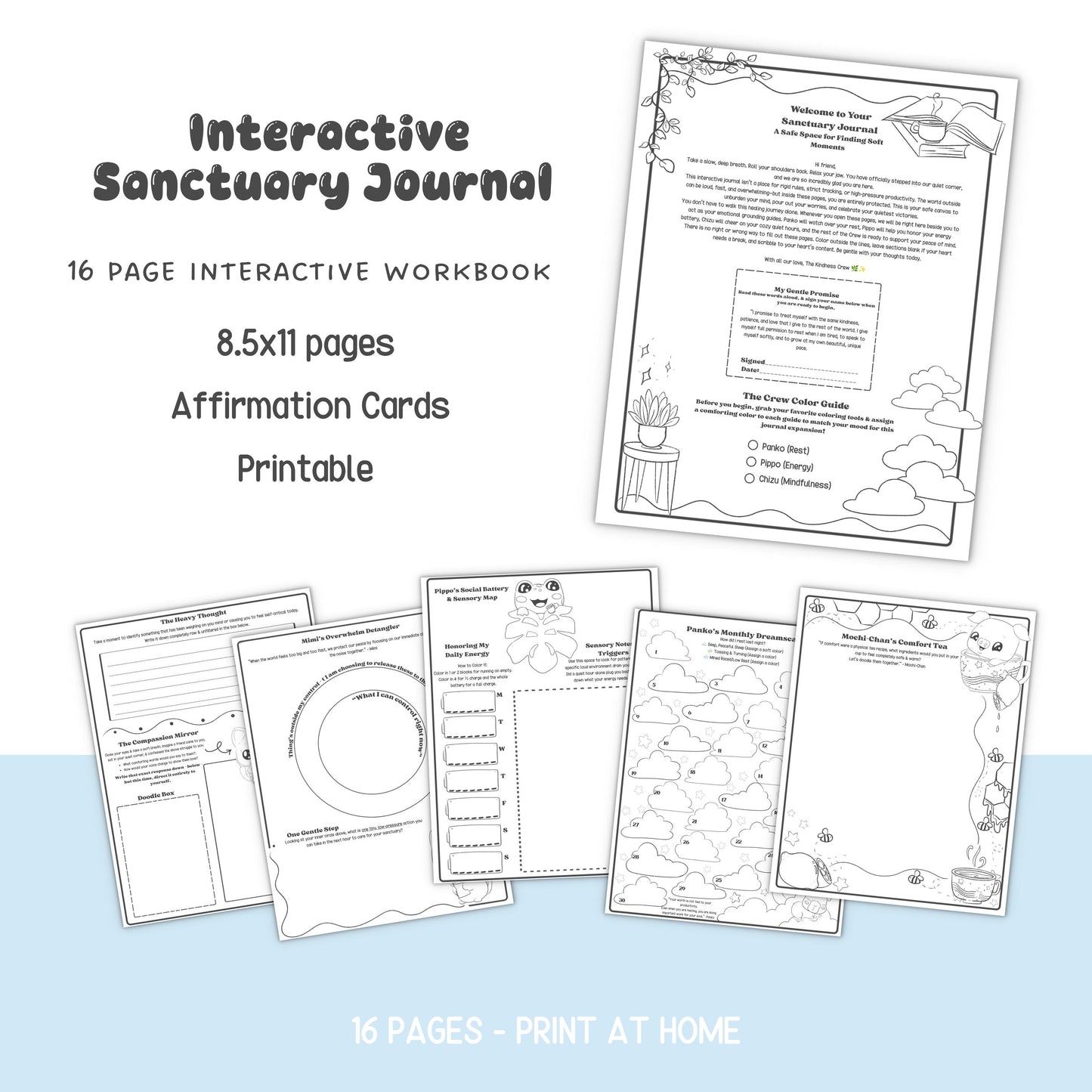 Printable Interactive Sanctuary Journal Bundle/Kindness Crew Mental Health Planner & Affirmation Cards
