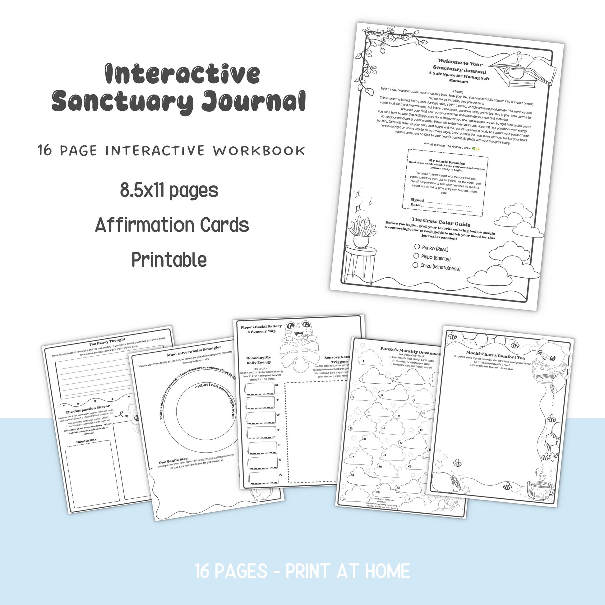 Printable Interactive Sanctuary Journal Bundle/Kindness Crew Mental Health Planner & Affirmation Cards
