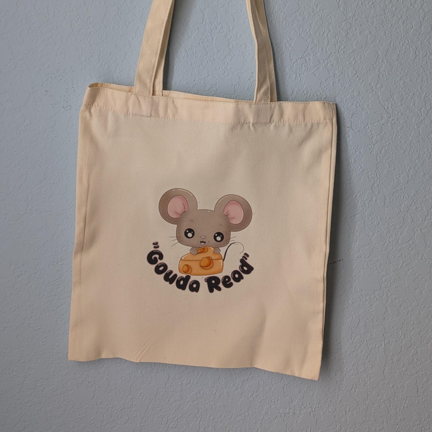 Chizu Gouda Read Canvas Tote Bag, Book Lover Kawaii Mouse Illustration
