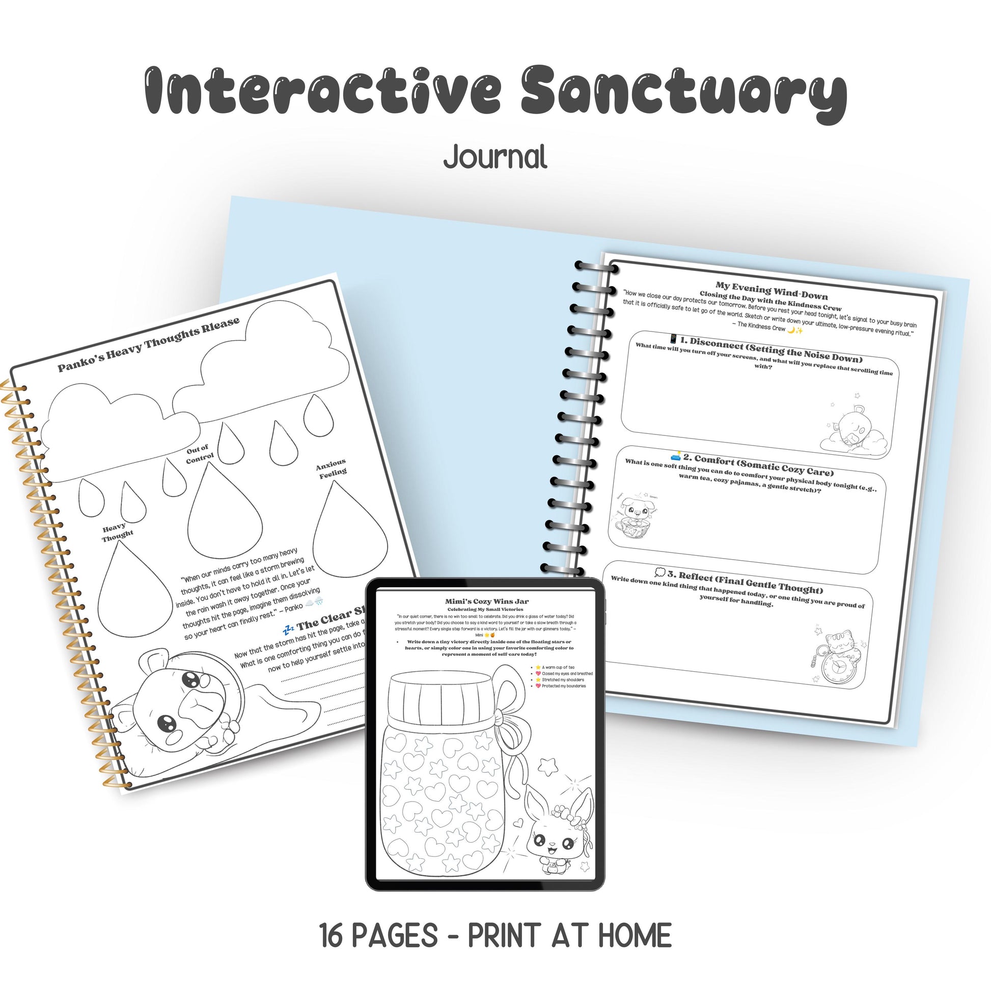 Printable Interactive Sanctuary Journal Bundle/Kindness Crew Mental Health Planner & Affirmation Cards